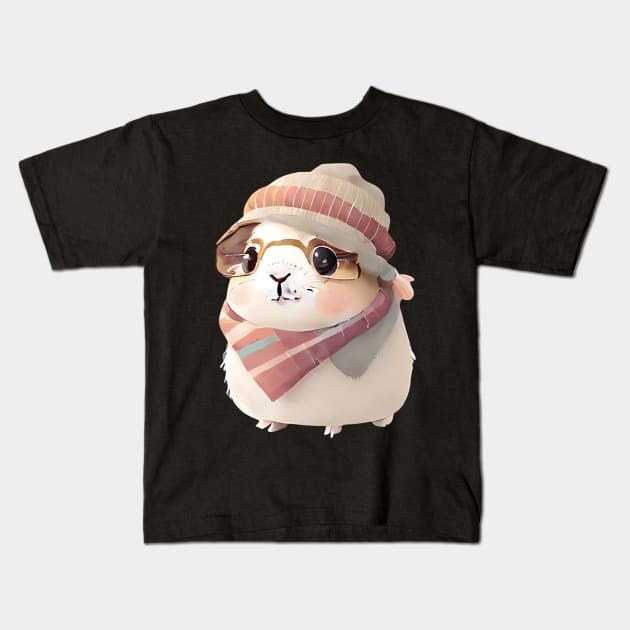 Cute Guinea Pig with Glasses and Winter Clothes Kids T-Shirt by PRINT OF ANIMAL